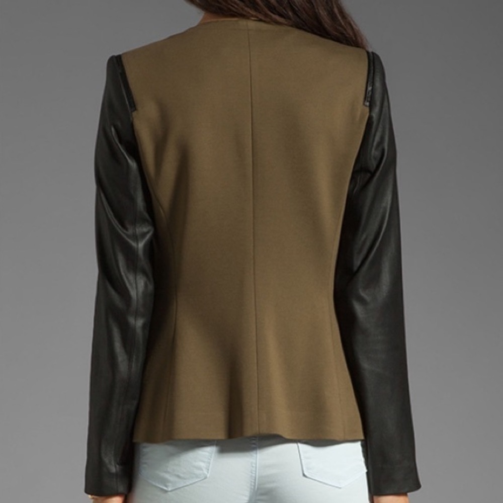 Theory Yaisa Pryor Leather Sleeve Blazer Jacket Olive Green & Black Large - Picture 3 of 16